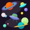 Bright cartoon cosmic illustration with ufo and funny planets in open space for use in design for card, poster, banner, placard