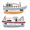 Bright cartoon retro steamboat with side paddle wheel.