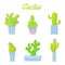 Bright cartoon summer cactus set. Exotic houseplants in color pots