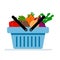 Bright cartoon supermarket basket icon full of produce and vegetables. Flat vector illustration.