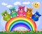 bright, cartoonish, beautiful, pink owls with bows on the ear sit on a seven-colored rainbow