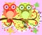 Bright, cartoonish, flirtatious, loving owls on the flowering branches of a tree. Spring, summer, girlfriend