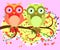 Bright, cartoonish, flirtatious, loving owls on the flowering branches of a tree. Spring, summer, girlfriend