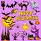 bright character set of helluin with witch, pumpkin, ghost, owl, cat, raven, spider, lantern with a candle