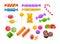 Bright childish sweet candy set. Multicolored delicious dessert lollipop, jelly bear, caramel treats
