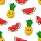 Bright children background with cute kawaii cartoon pineapple and watermelon