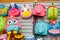 Bright children`s backpacks on the shop