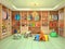 Bright children`s dressing room with toys.