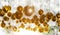 Bright Christmas balls, yellow and gold background for the Christmas design ideas