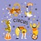 Bright circus poster design with acrobats, trained animals and text - `circus`. Vector illustration.