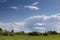 Bright clear early spring landscape with fluffy clouds in blue sky above green juicy meadow with bushes. Sunny day in countryside.