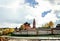 Bright cloudy sky over Orthodox monastery in autumn