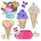 Bright cold desserts, soft ice cream in waffle cone and ice cream balls in cup