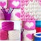 Bright collage of crochet boxes, hooks, yarn, crochet stitches sample. Pink, white and blue crochet textile tutorial pattern. Thic