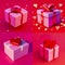 Bright Collage of Gift Boxes with Pink and Red Background. Gifts with Red Bows.