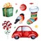 Bright collection with red car,candy,gift,bullfinch,sock and more