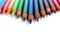 Bright color pencils horizontal wave on white background with blue central pencil on focus