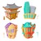 Bright color vector set illustrations old architecture Victorian epoch and Baroque, Chinese pagoda and modern high-rise