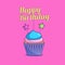 Bright colored birthday cupcake on a pink background