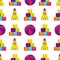 Bright colored children cubes, rocket and ball seamless pattern