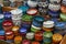 Bright colored enamel bowls in  Grand Bazaar