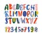 Bright colored hand drawn latin font or english alphabet for kids decorated with scribble. Funny letters arranged in