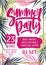 Bright colored invitation, poster or flyer template decorated with exotic palm tree leaves for summer party and