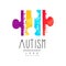 Bright-colored logo with symbol of autism. Vector emblem with puzzle. Genetic disorder. Down Syndrome theme. Design for