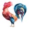 Bright colored rooster. Hand drawn illustration. Watercolor painting animal
