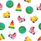 Bright colored seamless pattern with children s toys - baby carriage, ball, pyramid, duck with wheels on white