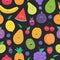 Bright colored seamless pattern with cute fresh exotic tropical fruits and berries with happy smiling faces on dark