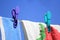 Bright colored towels pegged to a washing line against a clear blue sky