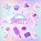 Bright colorful bakery and dessert pastry cute icons of candies and sweets.