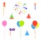 Bright colorful balloon, fireworks, rocket, birthday hat sign symbol icon. Party graphic design elements flat simple style.