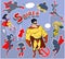 Bright and colorful cartoon set of funny and awesome superheroes stickers