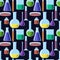 Bright and colorful chemical glassware seamless pattern on dark blue background.