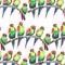 Bright colorful cute beautiful jungle tropical yellow and green parrots on a branch pattern watercolor hand illustration
