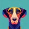 Bright colorful dog head on a blue background. Doberman dog breed. AI-generated