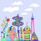 Bright, colorful fantastic city,cartoon sketch style, hand