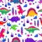 Bright colorful funny dinosaurs seamless pattern. Cartoon flat style