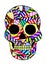 A bright colorful grinning scull on a white background.