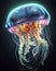 A bright, colorful jellyfish with delicate tentacles floats at an angle in the water, made with generative ai