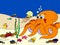 Bright, colorful pattern. The seabed with its inhabitants. Fish with octopus. Cartoon flat raster