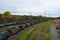 A bright and colorful railway freight station located in the Rechport area of the city of Kamenskoye.