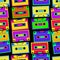 Bright, colorful, retro cassette seamless pattern, on a black ba