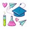 Bright colorful set of graduation cap and chemistry objects in doodle style, isolated on white background