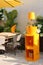 Bright and colorful setting with bottles of Veuve Clicquot Champagne, Blue Hen beer and wine garden, Saratoga, New York, 2018