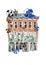 Bright colorful stylized fashion illustration of abstract historical building