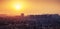 Bright colorful sunrise over big city panorama. Vintage toned