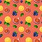 Bright colorful tropical fruits mixture seamless pattern with lemon, figs, blueberries and leaves